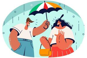 sorridente uomo copertina donna con ombrello dare porzione mano nel pioggia. cura maschio proteggere signora nel piovoso tempo atmosferico. bene atto e signore comportamento. vettore illustrazione.