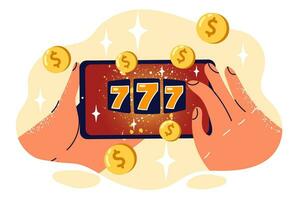 fessura macchina nel Telefono nel mani di persona, per pubblicità in linea casinò e gioco d'azzardo con denaro contante premio. mobile casinò applicazione con 777 numeri nel smartphone per test il tuo fortuna nel lotteria montepremi disegnare vettore