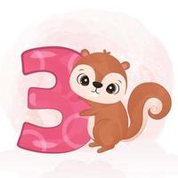 simpatico scoiattolo con numero in illustrazione ad acquerello vettore