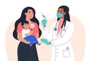 una dottoressa in maschera e guanti fa un vaccino a un paziente bambino vettore