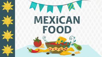 illustrazione di cibo messicano per decorazione in stile piatto didascalia nome tazza con sugo di guacamole accanto all'avocado con peperoncino e pomodoro vettore