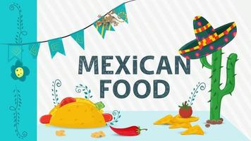 cibo messicano illustrazione per design piatto lettering nome cactus con sombrero su tortilla taco con salsiccia peperoncino rosso vettore