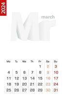 minimalista calendario modello per marzo 2024, vettore calendario nel inglese.