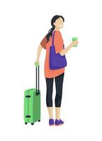 viaggio e turismo concetto. un' donna con un' valigia nel sua mano. indietro Visualizza. cartone animato vettore illustrazione
