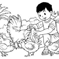 un' ragazzo feed polli colorazione pagine per bambini vettore