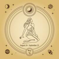 Vergine zodiaco cartello, astrologico oroscopo cartello. schema disegno nel un' decorativo cerchio con mistico astronomico simboli. vettore