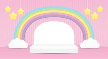 bianca minimo palcoscenico Schermo con dolce colorato pastello arcobaleno arco e sospeso stelle su rosa parete e pavimento sfondo 3d illustrazione vettore per mettendo Prodotto o oggetto