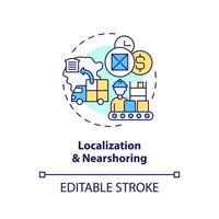 localizzazione e nearshore concetto icona. chiave fornitura catena strategia astratto idea magro linea illustrazione. isolato schema disegno. modificabile ictus vettore