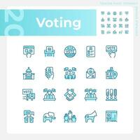 pixel Perfetto blu icone impostato che rappresentano voto, isolato vettore illustrazione, modificabile politica e elezione segni.
