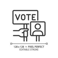 2d pixel Perfetto magro linea icona di mano Tenere votazione cartello, vettore illustrazione che rappresentano voto, modificabile elezione simbolo.