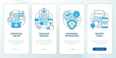 bancario applicazione installazione blu onboarding mobile App schermo. Procedura dettagliata 4 passaggi modificabile grafico Istruzioni con lineare concetti. ui, ux, gui modello vettore