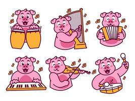 maiale cartone animato etichetta giocando musica vettore