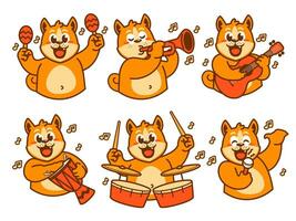 shiba inu cane cartone animato etichetta giocando musica vettore