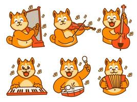 shiba inu cane cartone animato etichetta giocando musica vettore