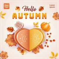 Ciao autunno. a forma di cuore piegato carta saluto con immagini di giorno e notte, con elementi di autunno foglie, zucche e cereali vettore