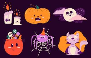 hanndrawn collezione di carino Halloween personaggi con emozioni. portafortuna impostato gatto, zucca, candele, Luna, ragno. vettore