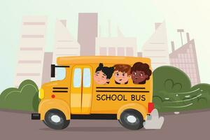 moderno piatto cartone animato illustrazione con un' scuola autobus e bambini nel il città parco. vettore illustrazione