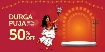 contento Durga puja vendita speciale offrire bandiera modello con festivo elementi vettore