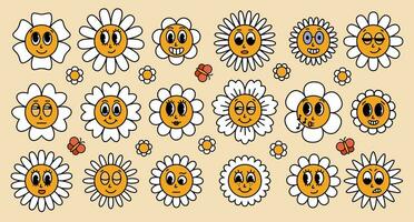 margherita fiori con cartone animato divertente facce. fioritura camomilla con diverso emozione. etichetta imballare nel di moda retrò. anni '30, anni '50, 60s Vintage ▾ comico Sorridi. vettore illustrazione