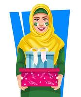 bella giovane musulmano donna nel abaya Tenere regalo su il occasione di patriota giorno. personaggio per volantino, manifesto, bandiera creativo saluto design. vettore