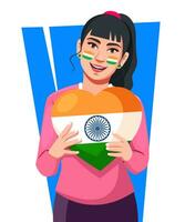 vettore di indiano ragazza Tenere cuore nel nazionale bandiera colori in piedi su isolato sfondo. indiano bandiera dipinto su sostenitore viso.