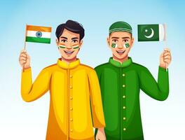 Pakistan e India giovane persone mostrare unità di Tenere indiano bandiere nel loro mani. armonia e unità concetto vettore