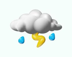 3d nube con gocce di pioggia e fulmine. plastica tuono tempesta per tempo metereologico previsione. vettore illustrazione nel argilla stile. meteorologia piovoso stagione. nuvoloso clima