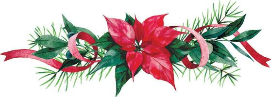 acquerello disegno, Natale ghirlanda a partire dal impianti. rosso poinsettia fiore, frutti di bosco, coni e abete rami. tradizionale inverno decorazione per Natale e nuovo anno vettore