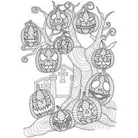 jack o'lantern albero disegnato a mano per libro da colorare per adulti vettore