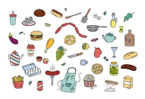 cucinando scarabocchi, cucina elementi vettore impostare. carino colorato scarabocchio illustrazioni collezione di utensili, stoviglie, cibo, pasto ingredienti. schema frutta, la verdura, forno, pentolame