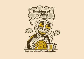 sognatore ad occhi aperti pensiero di niente, portafortuna personaggio illustrazione di tartaruga bevanda un' caffè mentre sognare ad occhi aperti vettore