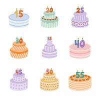 impostato di compleanno torta con ardente candele nel il modulo di numeri. dolce per celebrazione ogni anno di nascita, anniversario. stilizzato mano disegnato clipart di vacanza Cupcake nel il scandinavo stile vettore