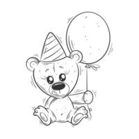 carino orso seduta indossare compleanno cappello e Tenere palloncini per colorazione vettore