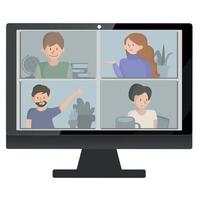 atterraggio in videoconferenza. persone sullo schermo del computer che prendono con un collega. pagina vettoriale dell'area di lavoro di videoconferenza e riunione online. concetto di e-learning e stare a casa.