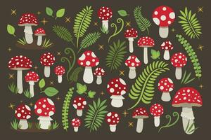 funghi impostare. amanita muscaria. rosso berretto fungo. fungo clipart. fungo sfondo. fungo sfondo. verde felci e fogliame. vettore illustrazione.