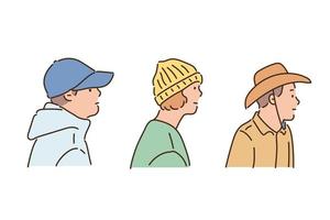 vista laterale di persone che indossano diversi stili di cappelli. vettore