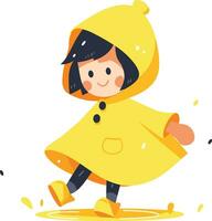 mano disegnato un' bambino nel un' impermeabile mostrando un' gioioso espressione quello esso è pioggia nel piatto stile vettore
