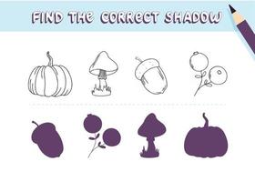 trova l'ombra giusta. simpatici elementi di piante autunnali: funghi, zucca, ghianda, mirtillo rosso. gioco educativo per bambini. raccolta di giochi per bambini. illustrazione vettoriale in stile cartone animato