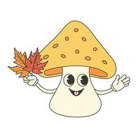 retrò Groovy carino fungo etichetta. autunno autunno giardino concetto. cartone animato carattere, mascotte.