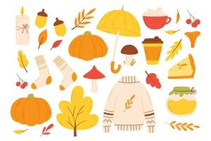 impostato di autunno elementi nel un' piatto stile. mano disegnato Ciao autunno collezione. vettore illustrazione.