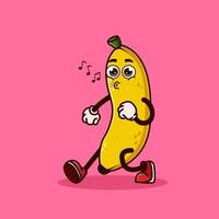 simpatico personaggio di frutta banana che cammina con la faccia felice. concetto di icona di carattere di frutta isolato. vettore premium stile cartone animato piatto