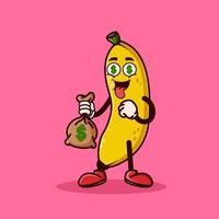simpatico personaggio di frutta banana con occhi di denaro e borsa di denaro in mano. concetto di icona di carattere di frutta isolato. adesivo emoji. vettore piatto stile cartone animato