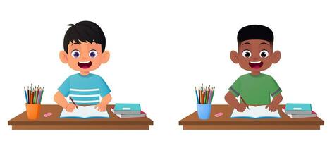 cartone animato ragazzo studiando su scrivania con Aperto prenotare, caucasico e nero ragazzo studiando insieme vettore