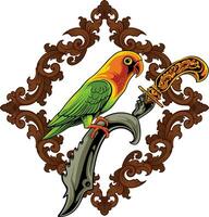 pappagallino verde africano con ornamento mannaia illustrazione vettore