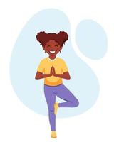 ragazza afro-americana che fa yoga. ginnastica, yoga e meditazione per bambini. vettore