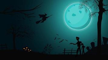 sfondo di halloween, paesaggio notturno con grande luna piena blu, zombie, streghe e zucche and vettore