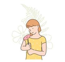 una ragazza è in piedi con in mano dei fiori. illustrazioni di disegno vettoriale stile disegnato a mano.