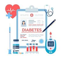 diagnosi medica - diabete. diabete mellito di tipo 2 e concetto di produzione di insulina. misuratore di glucosio nel sangue, pillole, siringhe e fiala di insulina. vettore