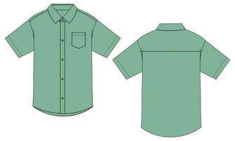 corto manica intrecciata tessuto camicia tecnico disegno moda piatto schizzo vettore illustrazione modello davanti e indietro isolato su grigio sfondo.