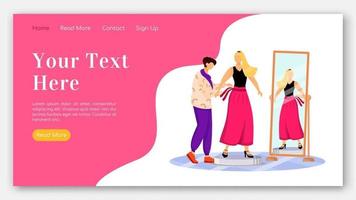 modello di vettore di colore piatto della pagina di destinazione degli stilisti di moda. modella che prova il layout della homepage del vestito. progettazione di vestiti un'interfaccia del sito Web di una pagina con l'illustrazione del fumetto. banner web atelier, pagina web